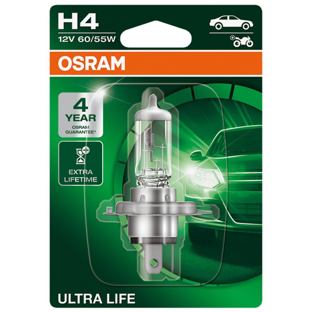 64193ULT-01B OSRAM ULTRA LIFE H4 12V 60/55W 3200K Halogène Ampoule,  projecteur longue portée