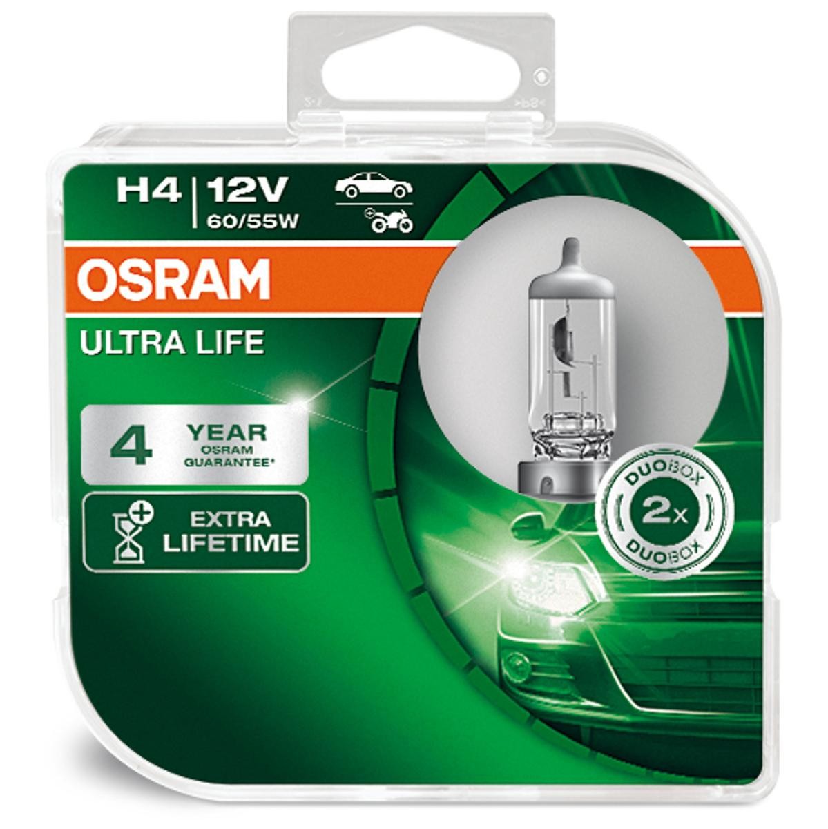 64193ULT-HCB OSRAM ULTRA LIFE H4 12V 60/55W P43t, 3200K, Halogène Ampoule,  projecteur longue portée