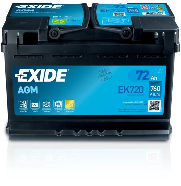 EK700 (067AGM) EXIDE EK720 Starterio akumuliatorius 12V 72Ah 760A B13 AGM  Battery