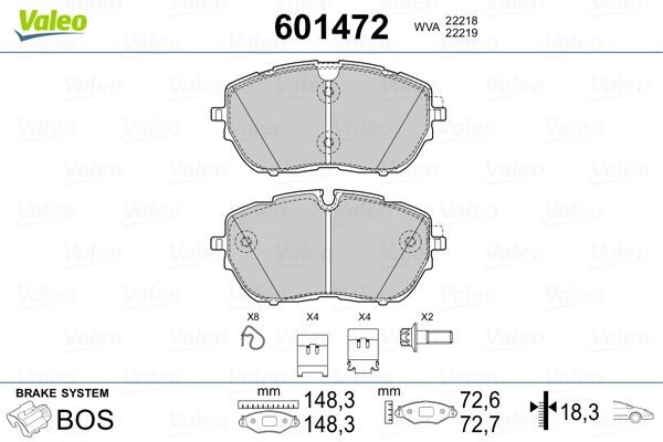VALEO 601472 Brake pad set Front Axle, with bolts/screws, with anti-squeak plate, with slide rails