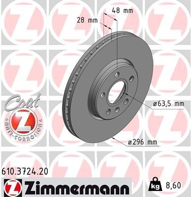 ZIMMERMANN COAT Z 610.3724.20 Brake disc 296x28mm, 6/5, 5x108, internally vented, Coated