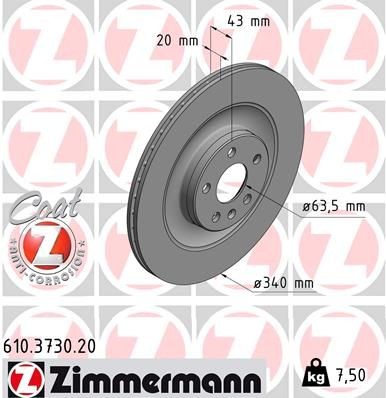 ZIMMERMANN COAT Z 610.3730.20 Brake disc 340x20mm, 6/5, 5x108, internally vented, Coated