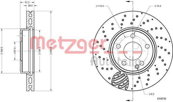 METZGER Front Axle, 295x28mm, 5x112, perforated/vented, Painted, Cross-hatch, High-carbon Ø: 295mm, Num. of holes: 5, Brake Disc Thickness: 28mm Brake rotor 6110735 buy