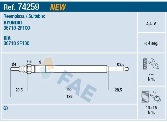 Diesel glow plugs FAE 4,4V M 10x1.25 - 74259