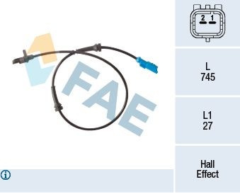 FAE 78302 ABS sensor with cable, Hall Sensor, 2-pin connector, 745mm