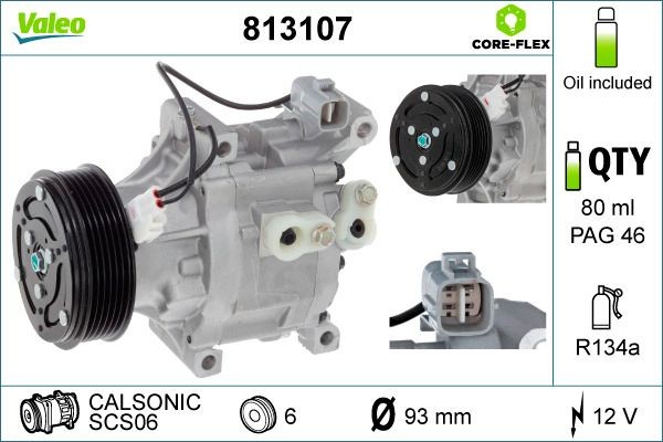 VALEO NEW ORIGINAL PART SCS06, 12V, PAG 46, R 134a, with PAG compressor oil Belt Pulley Ø: 93mm, Number of grooves: 6 AC compressor 813107 buy