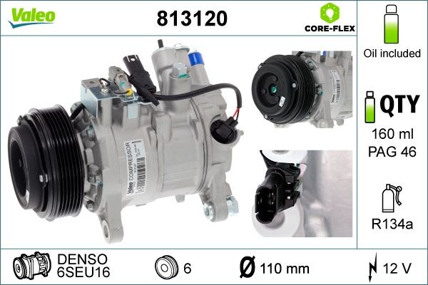 813120 Compressor, air conditioning 813120 VALEO 6SEU16, 12V, PAG 46, R 134a, with PAG compressor oil