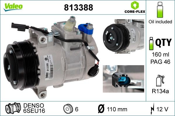 813388 VALEO Air con compressor MERCEDES-BENZ 6SEU16, 12V, PAG 46, R 134a, with PAG compressor oil