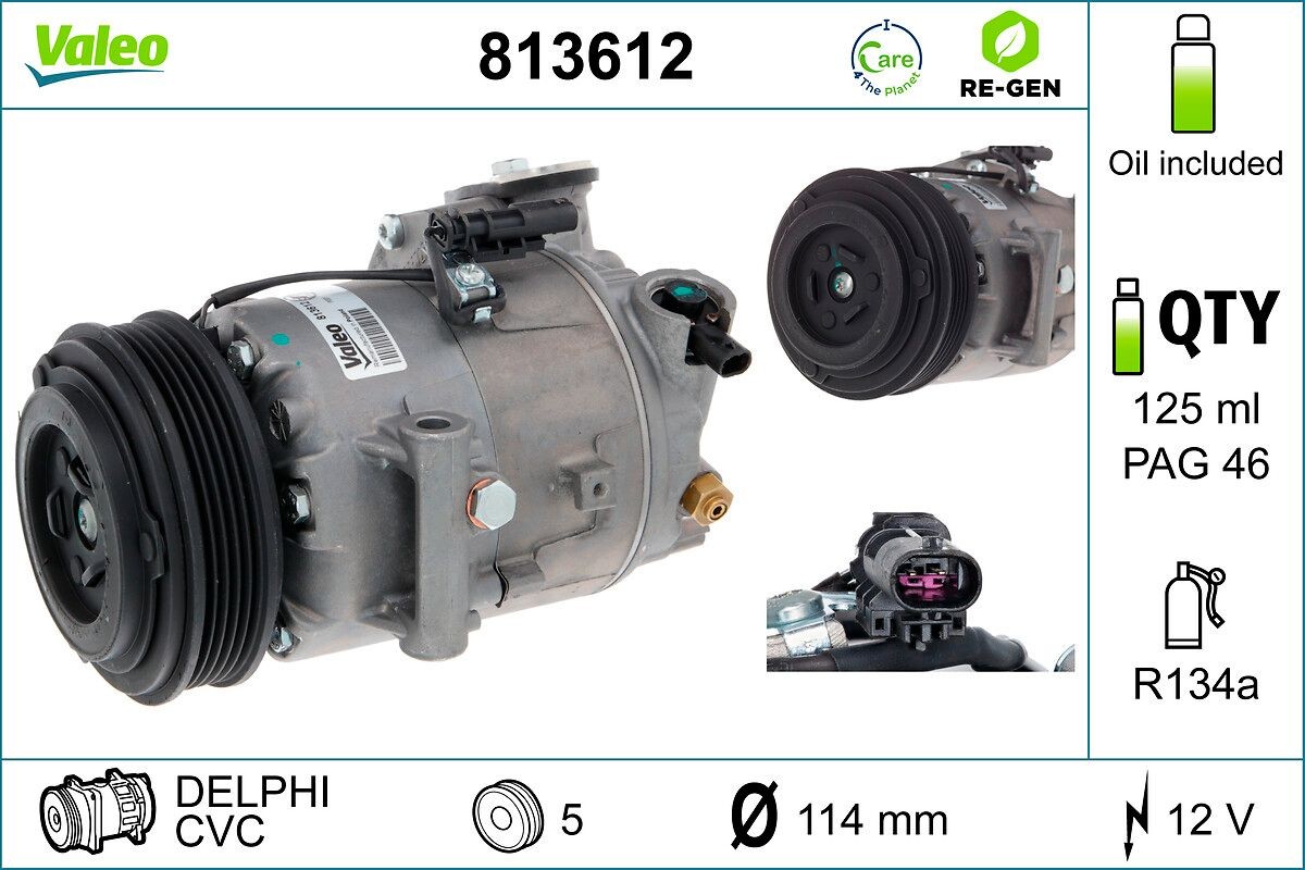 VALEO 813612 Air conditioning compressor CVC, 12V, PAG 46, R 134a, with PAG compressor oil, REMANUFACTURED