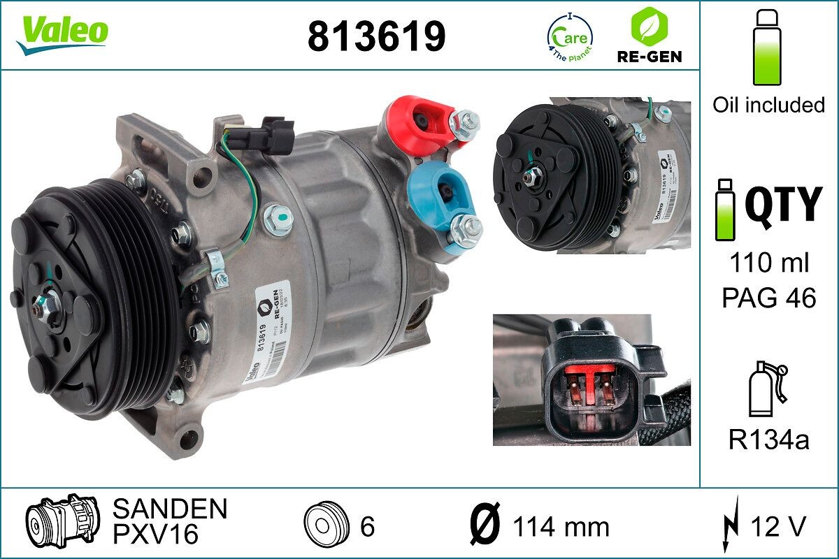 VALEO 813619 Air conditioning compressor PXV16, 12V, PAG 46, R 134a, with PAG compressor oil, REMANUFACTURED