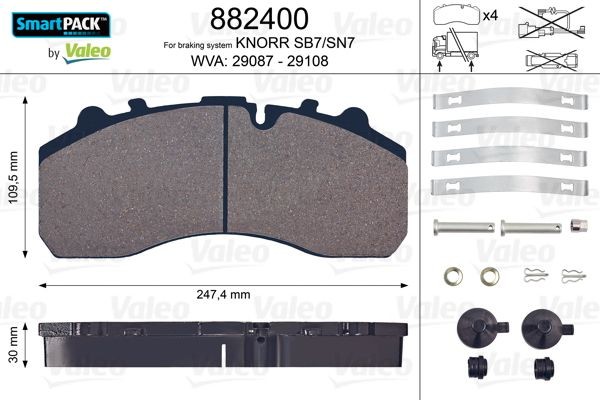 29087 VALEO SMARTPACK, Front Axle, excl. wear warning contact, without bolts/screws Height: 109,5mm, Width: 247mm, Thickness: 30mm Brake pads 882400 buy