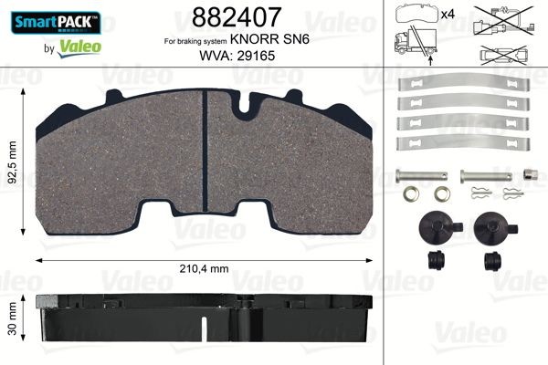 29165 VALEO SMARTPACK, Rear Axle, excl. wear warning contact, without bolts/screws Height: 92,5mm, Width: 210mm, Thickness: 30mm Brake pads 882407 buy