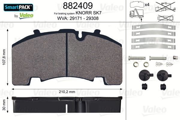 29171 VALEO SMARTPACK, Rear Axle, excl. wear warning contact, without bolts/screws Height: 107,8mm, Width: 210mm, Thickness: 30mm Brake pads 882409 buy