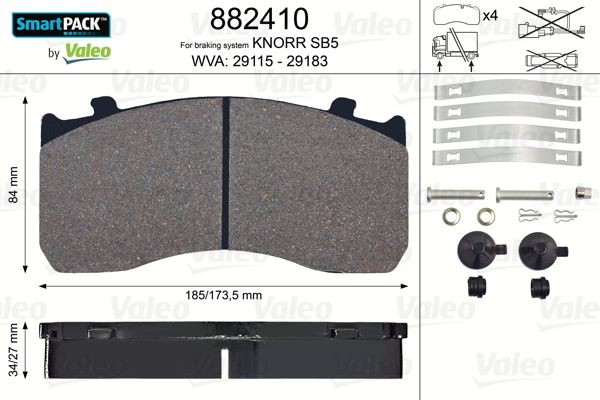 29115 VALEO SMARTPACK, Front Axle, excl. wear warning contact, without lock screw set Height: 84mm, Width: 185mm, Thickness: 34mm Brake pads 882410 buy