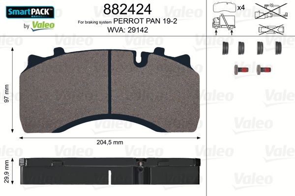 29142 VALEO SMARTPACK, Front Axle, excl. wear warning contact, with integrated wear warning contact, with bolts/screws Height: 97mm, Width: 205mm, Thickness: 29,9mm Brake pads 882424 buy