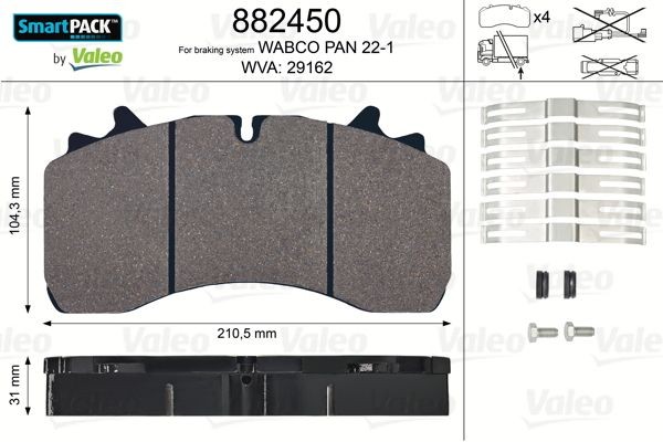 VALEO 882450 Brake pad set SMARTPACK, Front Axle, excl. wear warning contact, with bolts/screws