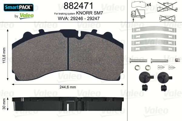 29246 VALEO SMARTPACK, Front Axle, excl. wear warning contact, without lock screw set Height: 113,6mm, Width: 245mm, Thickness: 30mm Brake pads 882471 buy