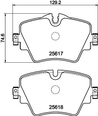 T2434 HELLA prepared for wear indicator, with brake caliper screws Height 1: 74,6mm, Height 2: 70,1mm, Width: 129,2mm, Thickness: 18,6mm Brake pads 8DB 355 023-131 buy
