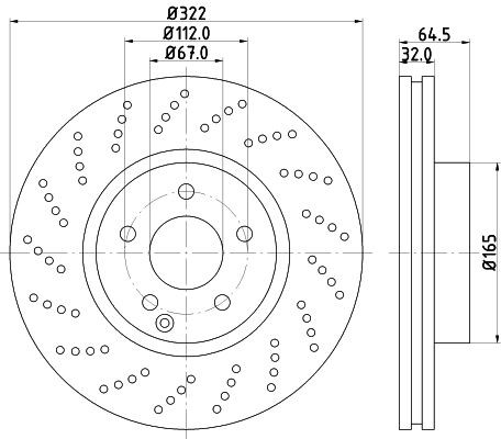 8DD355114-231 Brake discs 54634 HELLA 322x32mm, 05/06x112, Perforated, internally vented