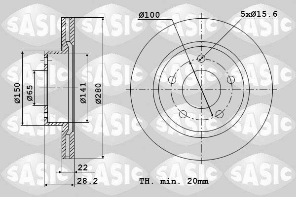 Brake disc kit SASIC Front Axle, 280x22mm, 5x65, Vented - 9004580J