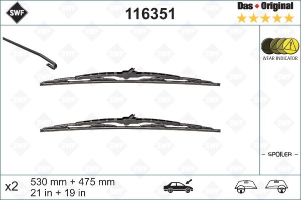SWF Original Spoiler 116351 Wiper blade 530, 475 mm Front, Standard, with spoiler, arched