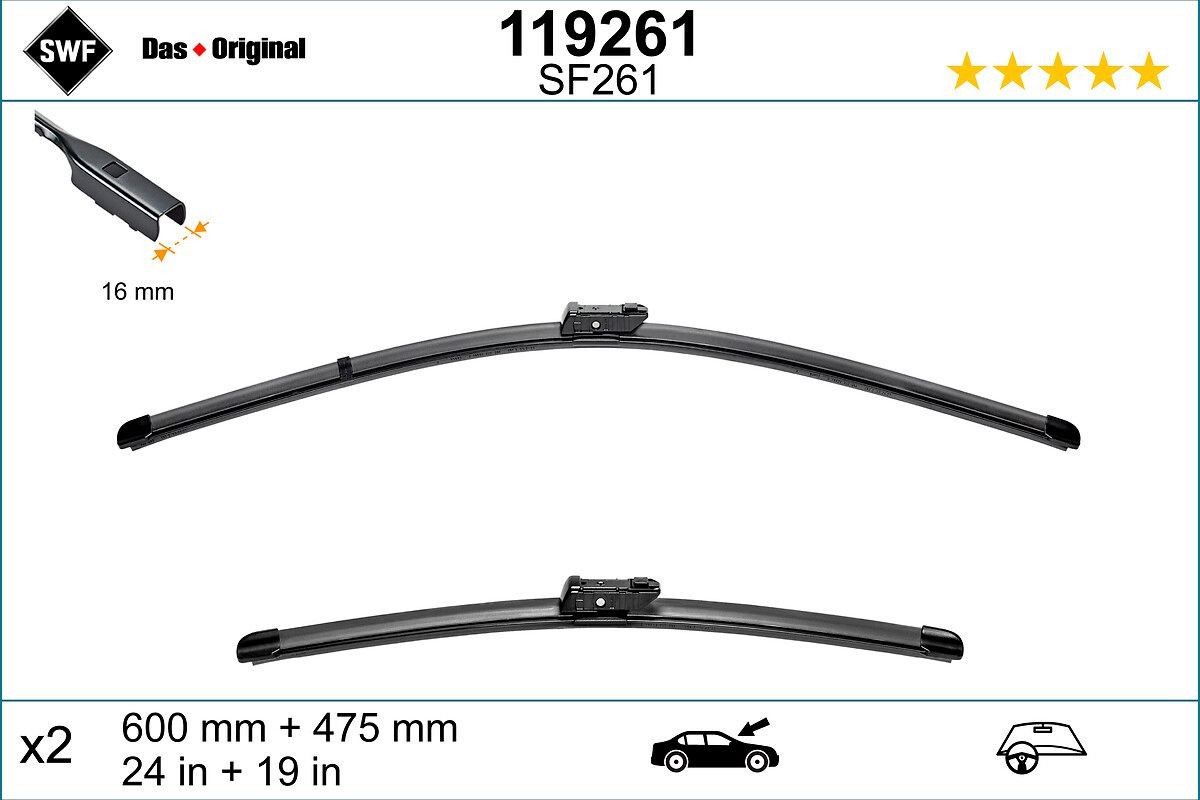 SF261 SWF VisioFlex 600, 480 mm Front, Beam, with spoiler, for left-hand drive vehicles Styling: with spoiler, Left-/right-hand drive vehicles: for left-hand drive vehicles Wiper blades 119261 buy