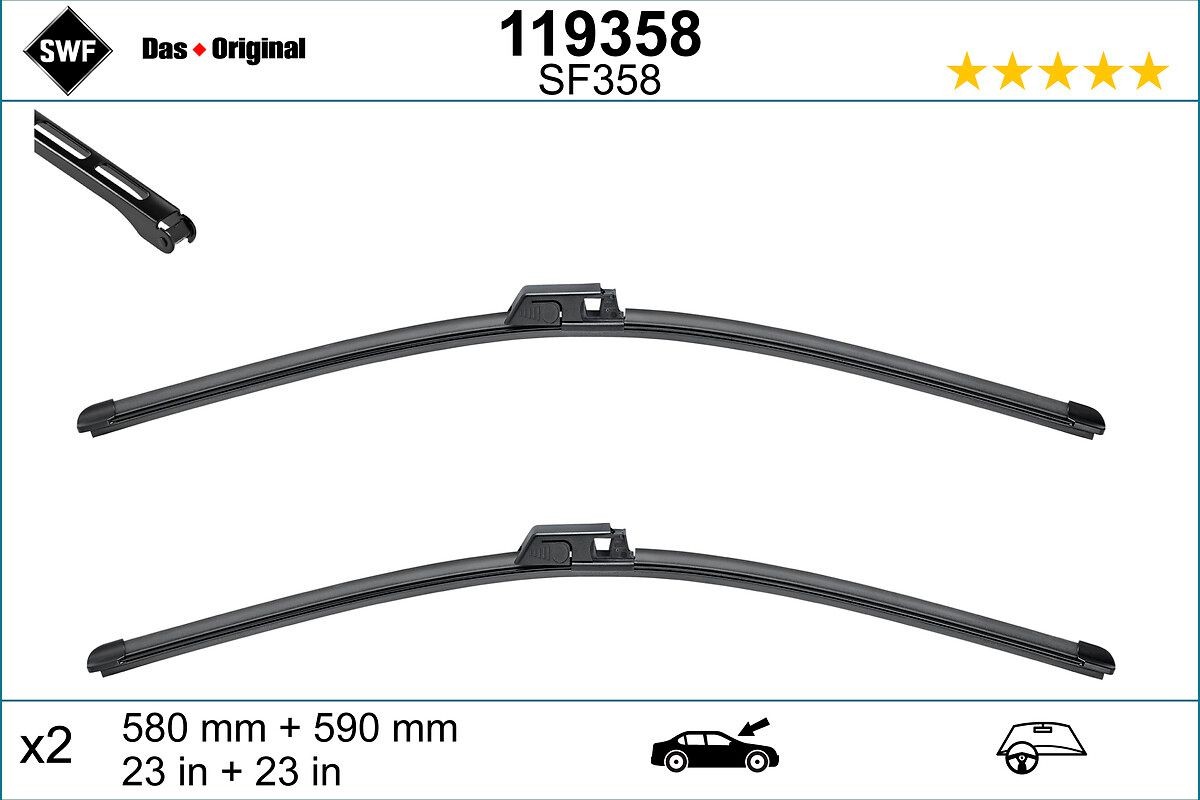 SF358 SWF VisioFlex 590, 580 mm Front, Beam, with spoiler, for left-hand drive vehicles Styling: with spoiler, Left-/right-hand drive vehicles: for left-hand drive vehicles Wiper blades 119358 buy