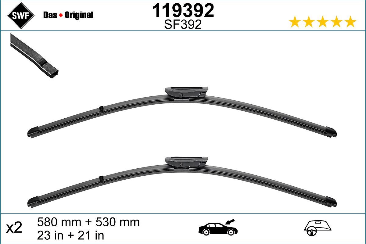 SF392 SWF VisioFlex 580, 530 mm Front, Beam, with spoiler, for left-hand drive vehicles Styling: with spoiler, Left-/right-hand drive vehicles: for left-hand drive vehicles Wiper blades 119392 buy