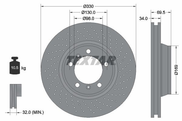 98200 1500 0 1 PRO+ TEXTAR 330x34mm, 05/07x130, Perforated, internally vented, Coated, High-carbon Ø: 330mm, Brake Disc Thickness: 34mm Brake rotor 92150005 buy