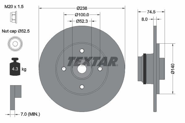 TEXTAR PRO 92154003 Disco freno 238x8mm, 04/04x100, pieno, rivestito, con anello sensore ABS, con cuscinetto ruota, con dado asse