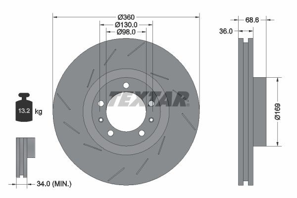98200 2140 0 1 PRO+ TEXTAR 360x36mm, 05/07x130, internally vented, slotted, Coated, High-carbon Ø: 360mm, Brake Disc Thickness: 36mm Brake rotor 92214005 buy