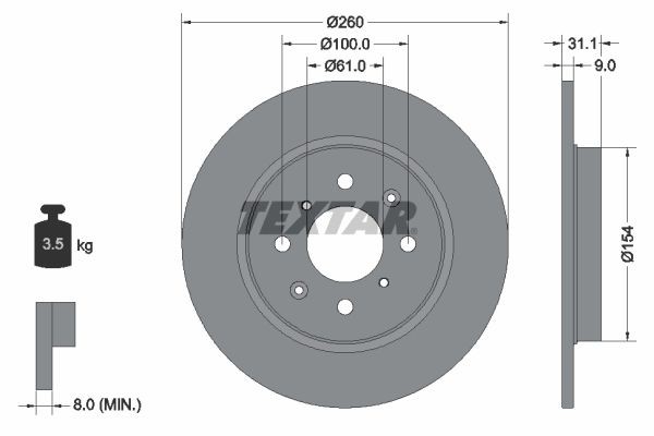 TEXTAR PRO 92234203 Brake disc 260x9mm, 04/08x100, solid, Coated