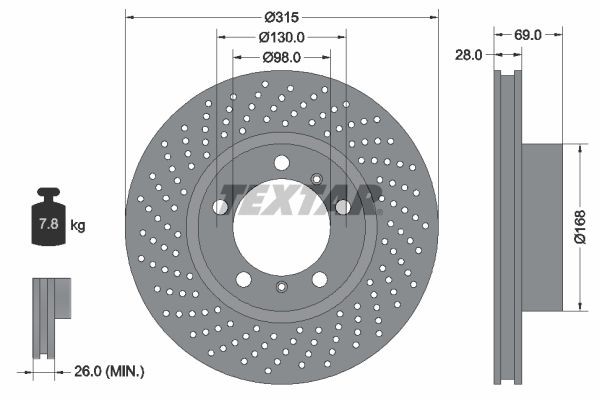 98200 2799 0 1 PRO+ TEXTAR PRO+ 315x28mm, 05/07x130, internally vented, Perforated, Coated, High-carbon Ø: 315mm, Brake Disc Thickness: 28mm Brake rotor 92279905 buy