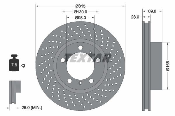 TEXTAR PRO+ 92280005 Brake disc 315x28mm, 05/07x130, internally vented, Perforated, Coated, High-carbon