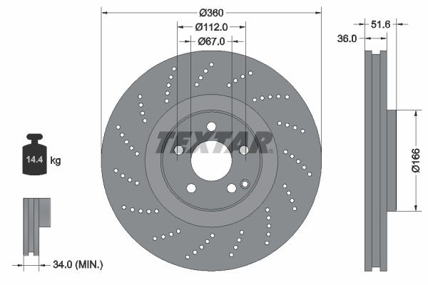 TEXTAR PRO+ 92283905 Brake disc 360x36mm, 05/06x112, internally vented, Perforated, Coated, High-carbon