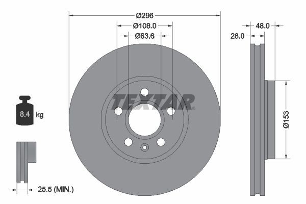 TEXTAR PRO+ 92287505 Brake disc 296x28mm, 05/06x108, internally vented, Coated, High-carbon