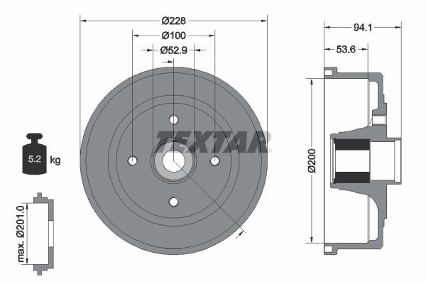 TEXTAR 94041100 Brake Drum with wheel hub, with wheel bearing, without wheel studs, 228mm