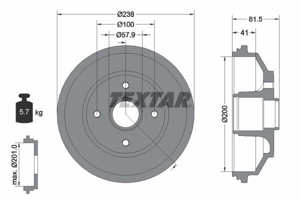 TEXTAR 94043000 Brake Drum with wheel hub, without wheel bearing, without wheel studs, 238mm