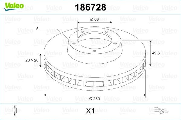VALEO 186728 предна ос, 280x28mm, 5, вентилиран Спирачни дискове