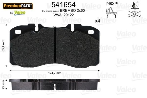 29122 VALEO PREMIUMPACK Front Axle, excl. wear warning contact, without lock screw set Height: 85,4mm, Width: 174,7mm, Thickness: 22mm Brake pads 541654 buy