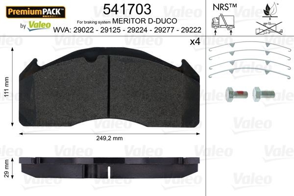 29125 VALEO PREMIUMPACK Front Axle, excl. wear warning contact, with lock screw set Height: 111mm, Width: 249,2mm, Thickness: 29mm Brake pads 541703 buy