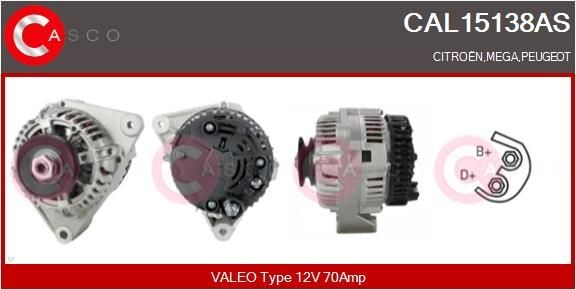 CAL15138AS CASCO Generator PEUGEOT 12V, 70A, M8, CPA0094, Ø 63 mm, with integrated regulator