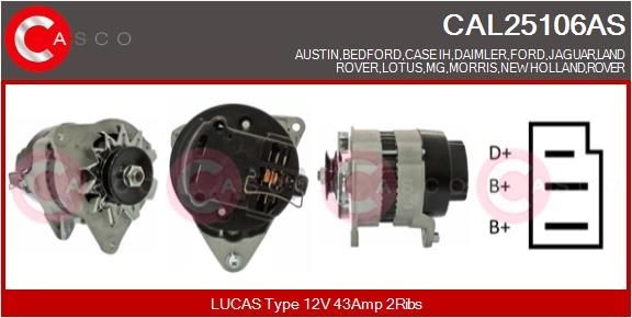 CASCO 12V, 43A, PIN, CPA0007, Ø 84 mm, with integrated regulator Number of ribs: 2 Generator CAL25106AS buy