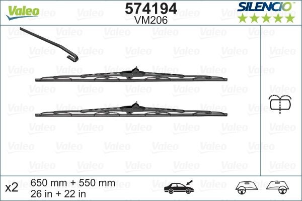 VM206 VALEO SILENCIO PERFORMANCE, SILENCIO CONVENTIONAL SET 650, 550 mm Front, Standard, for left-hand/right-hand drive vehicles, with integrated washer fluid jet Left-/right-hand drive vehicles: for left-hand/right-hand drive vehicles Wiper blades 574194 buy