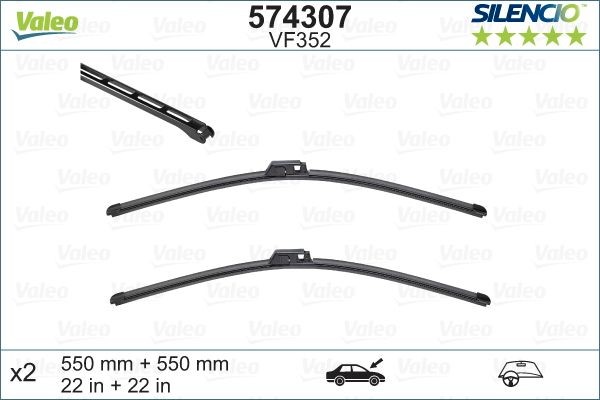 574307 Window wiper 574307 VALEO 550 mm Front, Beam, with spoiler, for left-hand drive vehicles, Pin Fixing