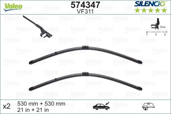 VALEO SILENCIO X.TRM, SILENCIO FLAT BLADE SET 574347 Wiper blade 530 mm Front, Beam, with spoiler, for left-hand drive vehicles, Pin Fixing