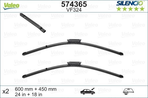 VM324 VALEO SILENCIO X.TRM, SILENCIO FLAT BLADE SET 600, 450 mm Front, Beam, with spoiler, for left-hand drive vehicles, Bayonet attachment Styling: with spoiler, Left-/right-hand drive vehicles: for left-hand drive vehicles Wiper blades 574365 buy