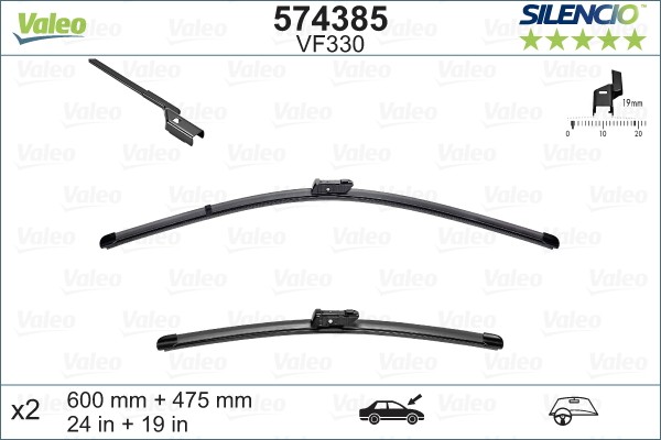 574385 Window wiper VF330 VALEO 600, 475 mm Front, Beam, with spoiler, for left-hand drive vehicles, Top Lock