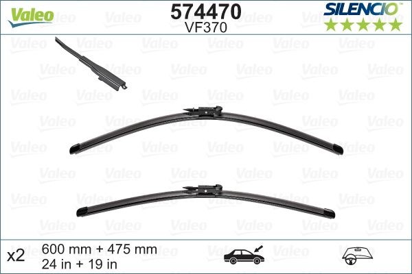 574470 Window wiper VF370 VALEO 600, 475 mm Front, Beam, with spoiler, for left-hand drive vehicles, Top Lock
