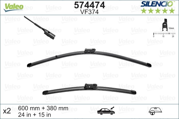 574474 Window wiper VM374 VALEO 600, 380 mm Front, Beam, with spoiler, for left-hand drive vehicles, Pin Fixing
